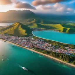 A breathtaking aerial view of Cumana, Venezuela, capturing the vibrant cityscape, azure waters, and surrounding lush mountains during sunset