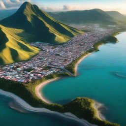 A breathtaking aerial view of Cumana, Venezuela, capturing the vibrant cityscape, azure waters, and surrounding lush mountains during sunset