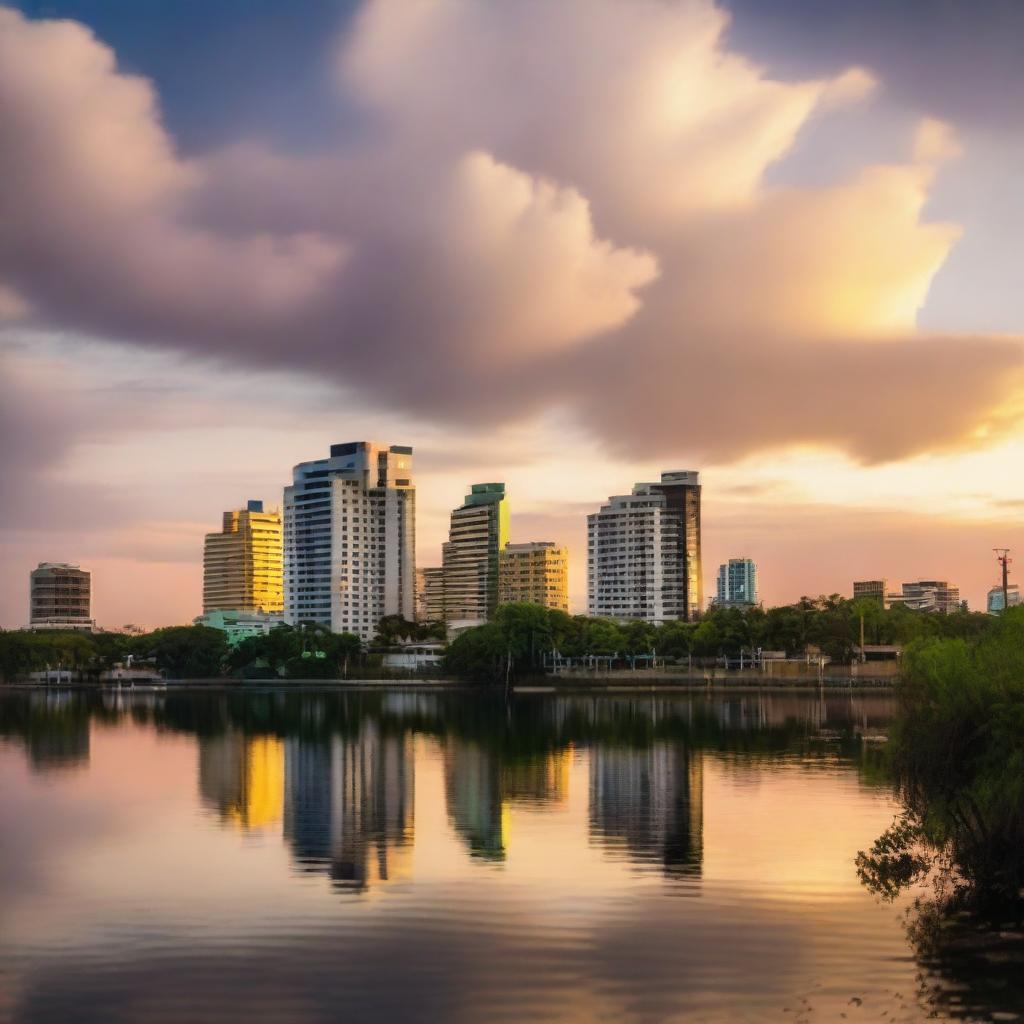 The city of Maracaibo, Venezuela during sunset, with its stunning architecture and the tranquil Lake Maracaibo in the foreground