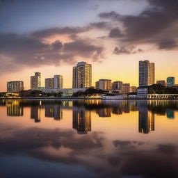 The city of Maracaibo, Venezuela during sunset, with its stunning architecture and the tranquil Lake Maracaibo in the foreground