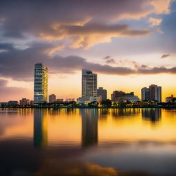 The city of Maracaibo, Venezuela during sunset, with its stunning architecture and the tranquil Lake Maracaibo in the foreground