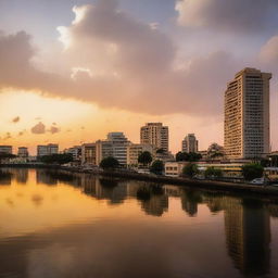 The city of Maracaibo, Venezuela during sunset, with its stunning architecture and the tranquil Lake Maracaibo in the foreground