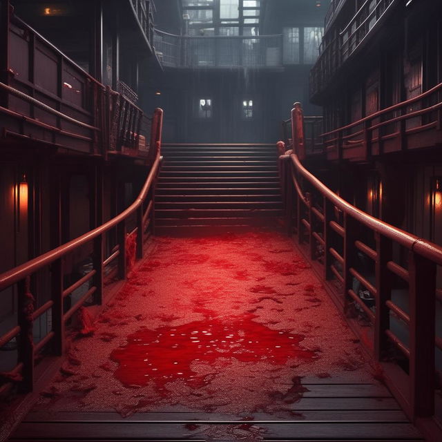 Continue the Makoto Shinkai-inspired illustration with the next segment of the poem. Picture a somber scene on the ship's deck where the fallen captain lies still and lifeless, signified by symbolic bleeding drops of red.