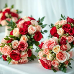 A beautiful arrangement of delicate rose bouquets designed for wedding services