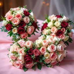 A beautiful arrangement of delicate rose bouquets designed for wedding services