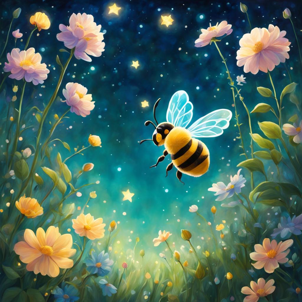 A Studio Ghibli-style painting of a luminous bee in a dreamy, magical garden filled with glowing flowers under a starlit sky.