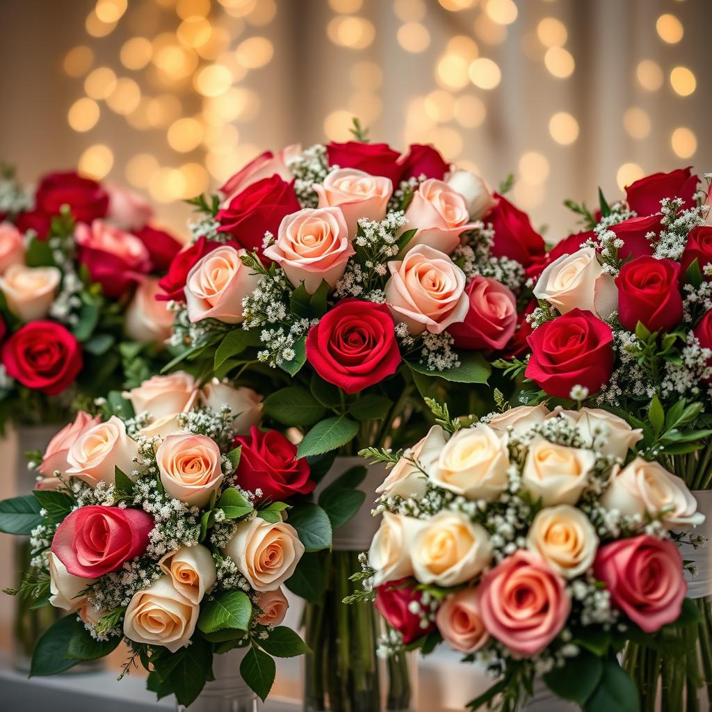 A stunning display of elegant rose bouquets specifically tailored for wedding services