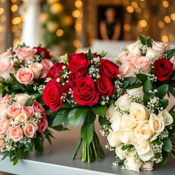 A stunning display of elegant rose bouquets specifically tailored for wedding services