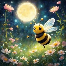 A Studio Ghibli-style painting of a luminous bee in a dreamy, magical garden filled with glowing flowers under a starlit sky.