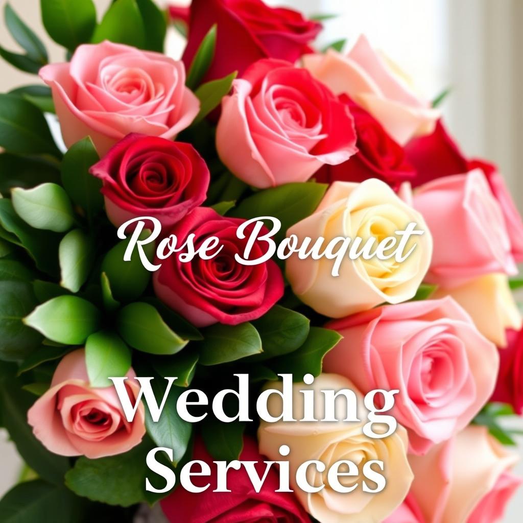 An elegant display featuring a beautiful arrangement of rose bouquets designed for wedding services, with the text 'Rose Bouquet Wedding Services' artistically written in bold white lettering