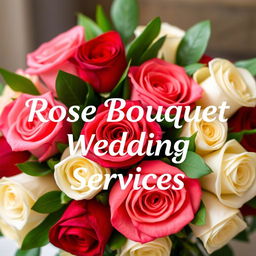 An elegant display featuring a beautiful arrangement of rose bouquets designed for wedding services, with the text 'Rose Bouquet Wedding Services' artistically written in bold white lettering