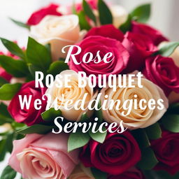 An elegant display featuring a beautiful arrangement of rose bouquets designed for wedding services, with the text 'Rose Bouquet Wedding Services' artistically written in bold white lettering