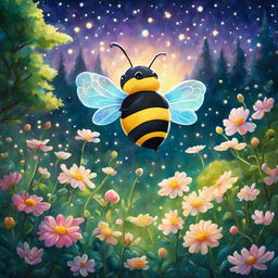 A Studio Ghibli-style painting of a luminous bee in a dreamy, magical garden filled with glowing flowers under a starlit sky.