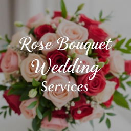 An exquisite display showcasing elegant rose bouquets tailored for wedding services, featuring the phrase 'Rose Bouquet Wedding Services' written in graceful white lettering