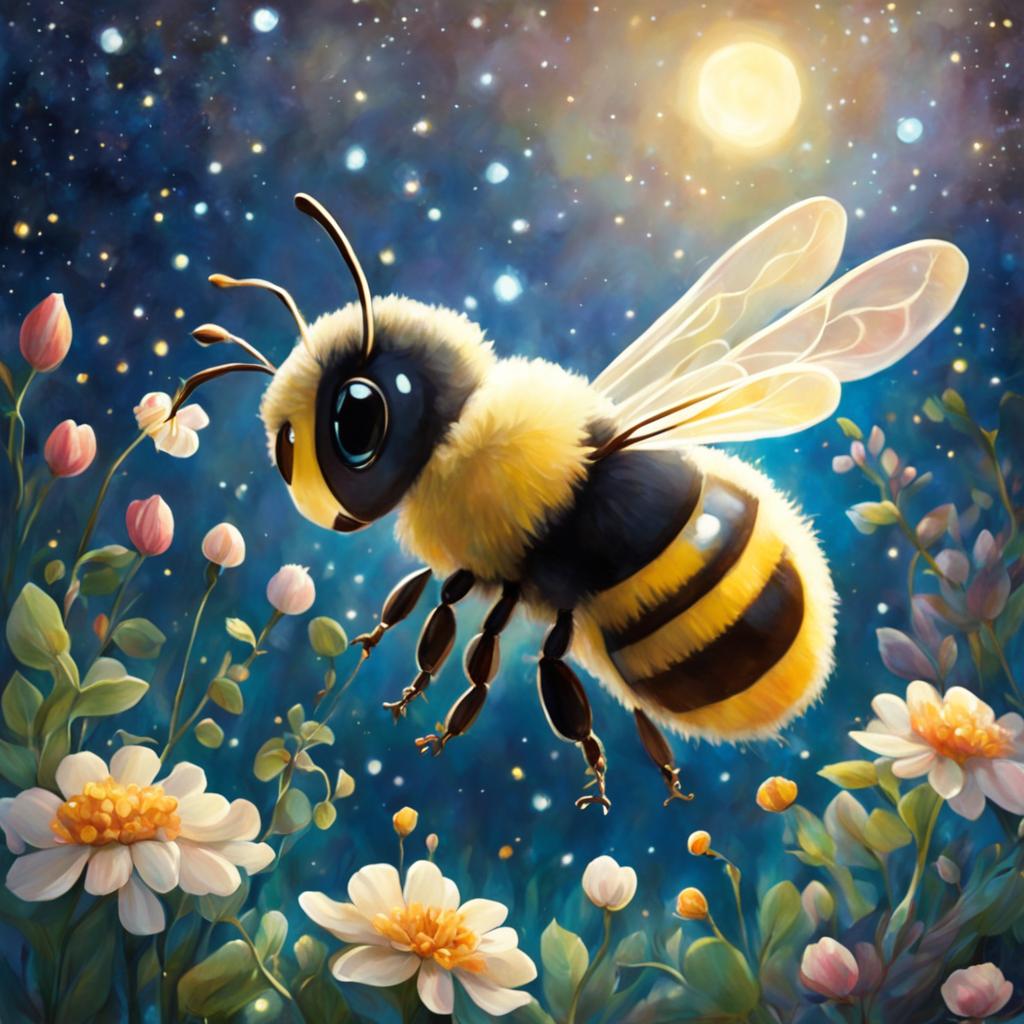 A Studio Ghibli-style painting of a luminous bee in a dreamy, magical garden filled with glowing flowers under a starlit sky.