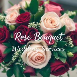 An exquisite display showcasing elegant rose bouquets tailored for wedding services, featuring the phrase 'Rose Bouquet Wedding Services' written in graceful white lettering