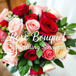 An exquisite display showcasing elegant rose bouquets tailored for wedding services, featuring the phrase 'Rose Bouquet Wedding Services' written in graceful white lettering