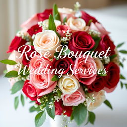 An exquisite display showcasing elegant rose bouquets tailored for wedding services, featuring the phrase 'Rose Bouquet Wedding Services' written in graceful white lettering