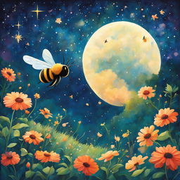 A 2D retro Studio Ghibli-style painting of a bee hovering over a vibrant garden under a starry sky.