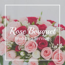 An elegant presentation of rose bouquets designed for wedding services, featuring the phrase 'Rose Bouquet Wedding Services' prominently displayed in chic white lettering