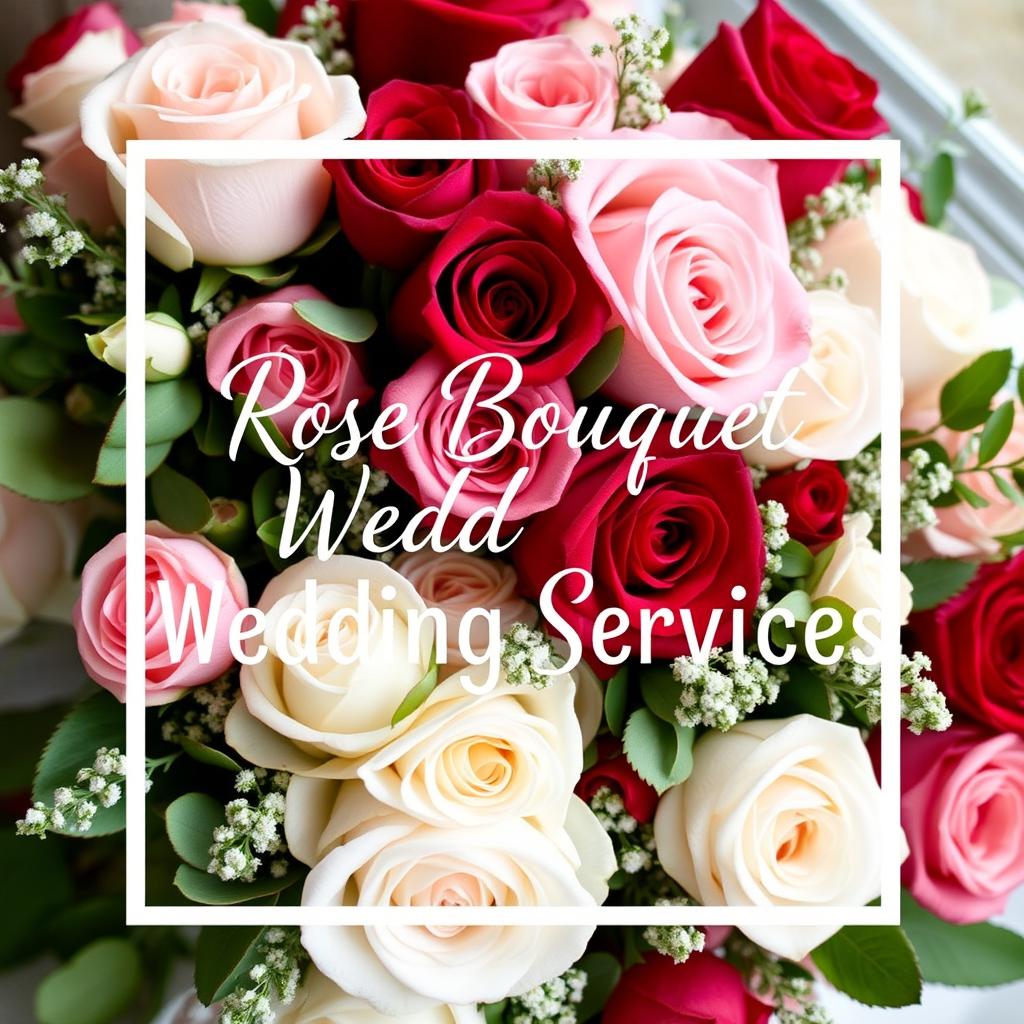 An elegant presentation of rose bouquets designed for wedding services, featuring the phrase 'Rose Bouquet Wedding Services' prominently displayed in chic white lettering