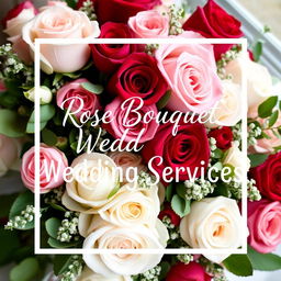 An elegant presentation of rose bouquets designed for wedding services, featuring the phrase 'Rose Bouquet Wedding Services' prominently displayed in chic white lettering