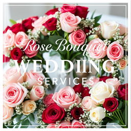 An elegant presentation of rose bouquets designed for wedding services, featuring the phrase 'Rose Bouquet Wedding Services' prominently displayed in chic white lettering
