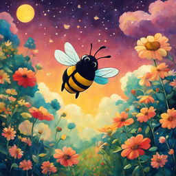 A 2D retro Studio Ghibli-style painting of a bee hovering over a vibrant garden under a starry sky.