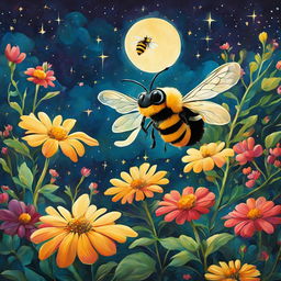 A 2D retro Studio Ghibli-style painting of a bee hovering over a vibrant garden under a starry sky.