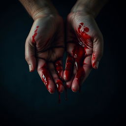 A close-up of a pair of hands, stained with vivid red blood, artistically presented against a dark, textured background