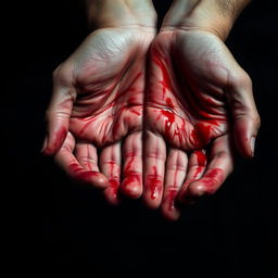 A close-up of a pair of hands, stained with vivid red blood, artistically presented against a dark, textured background