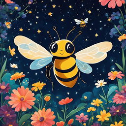 A 2D retro Studio Ghibli-style painting of a bee hovering over a vibrant garden under a starry sky.