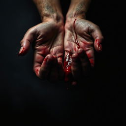 A close-up of a pair of hands, stained with vivid red blood, artistically presented against a dark, textured background