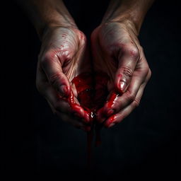 A close-up of a pair of hands, stained with vivid red blood, artistically presented against a dark, textured background