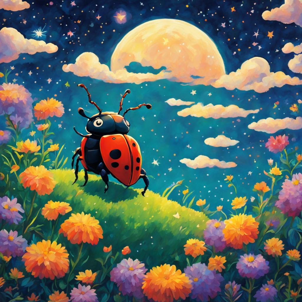 A 2D retro Studio Ghibli-style painting of a beetle hovering over a vibrant garden under a starry sky.