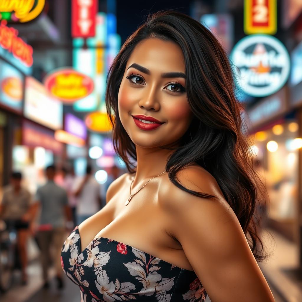 A beautiful Indonesian woman with a curvy figure, embodying an alluring charm