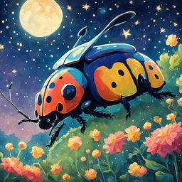 A 2D retro Studio Ghibli-style painting of a beetle hovering over a vibrant garden under a starry sky.