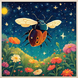 A 2D retro Studio Ghibli-style painting of a beetle hovering over a vibrant garden under a starry sky.