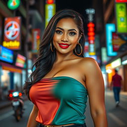 A beautiful Indonesian woman with a curvy figure, exuding an alluring charm