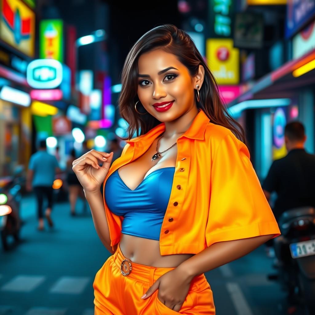 A beautiful Indonesian woman with a curvy figure, exuding an alluring charm