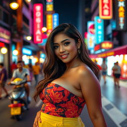 A beautiful Indonesian woman with a curvy figure, exuding an alluring charm