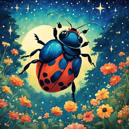 A 2D retro Studio Ghibli-style painting of a beetle hovering over a vibrant garden under a starry sky.