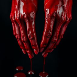 A close-up of a pair of hands completely covered in bright red blood, the blood glistening and dripping from the fingers onto a dark surface