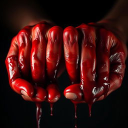 A close-up of a pair of hands completely covered in bright red blood, the blood glistening and dripping from the fingers onto a dark surface