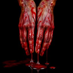 A close-up of a pair of hands completely covered in bright red blood, the blood glistening and dripping from the fingers onto a dark surface