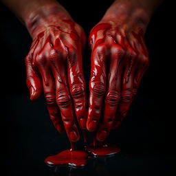 A close-up of a pair of hands completely covered in bright red blood, the blood glistening and dripping from the fingers onto a dark surface