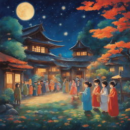 A 2D retro Studio Ghibli-style painting of a blessing ceremony in a vibrant village under a starry sky.