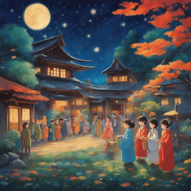 A 2D retro Studio Ghibli-style painting of a blessing ceremony in a vibrant village under a starry sky.