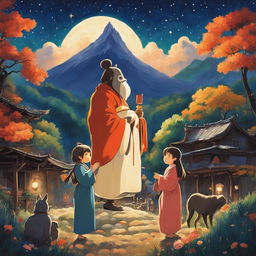 A 2D retro Studio Ghibli-style painting of a blessing ceremony in a vibrant village under a starry sky.