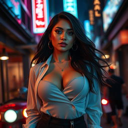 A beautiful Indonesian woman with large breasts, depicted as a confident and empowered figure, wearing stylish and alluring clothing